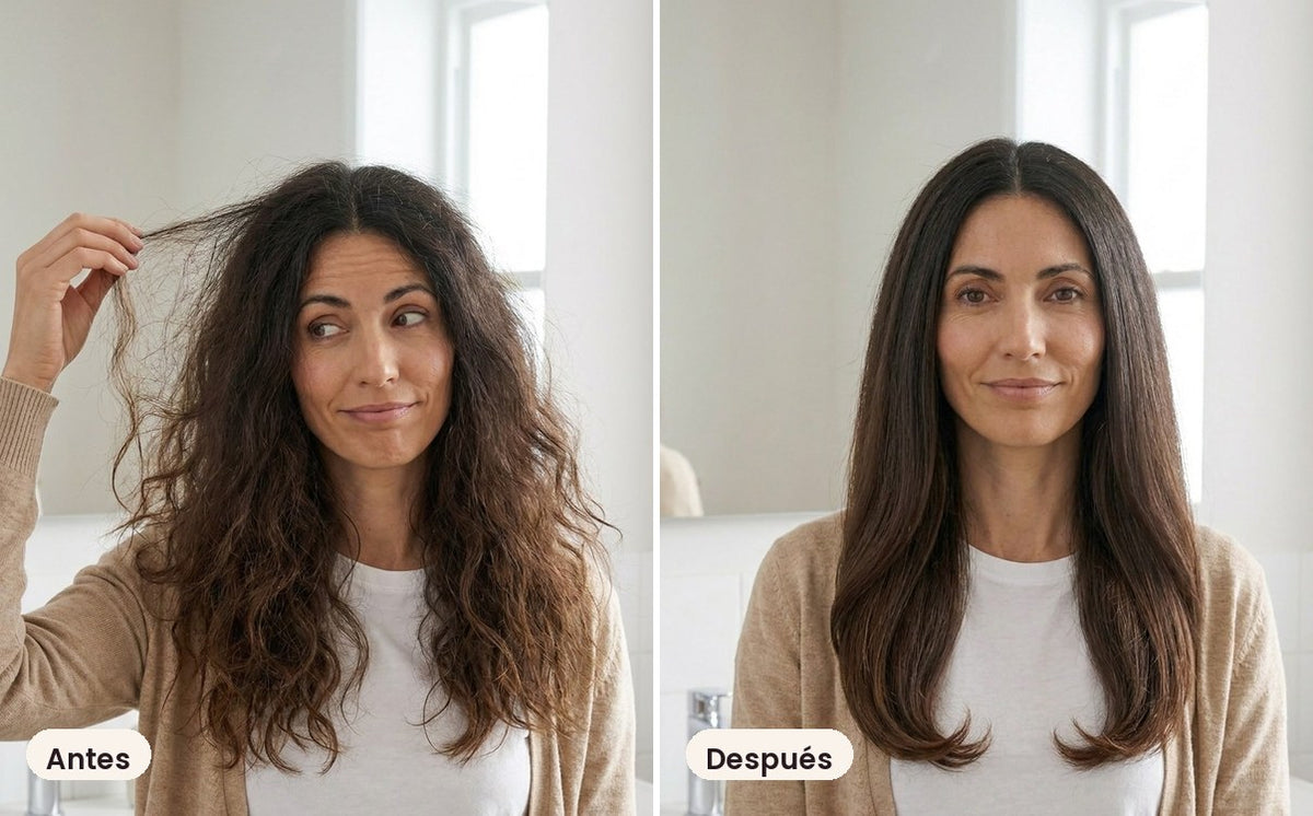Antes: pelo secado al aire. Después: liso tras una pasada con el AirStyler