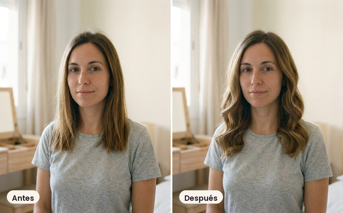 Antes: pelo liso y sin forma. Después: ondas abiertas hechas con el rizador de aire
