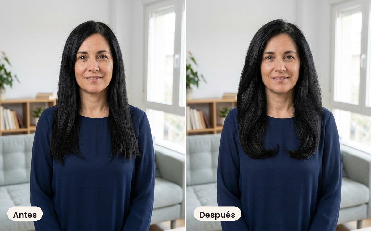 Antes: melena plana y sin volumen. Después: raíz levantada y puntas hacia dentro con el cepillo redondo