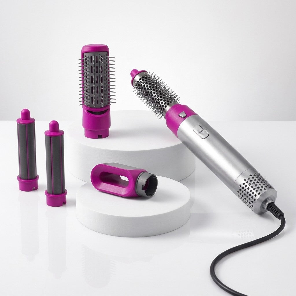 AirStyler PRO con sus cinco cabezales: boquilla, cepillo redondo, cepillo plano y dos rizadores