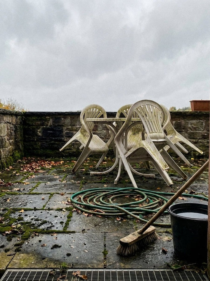 Terrasse voller Moos und Schmutz
