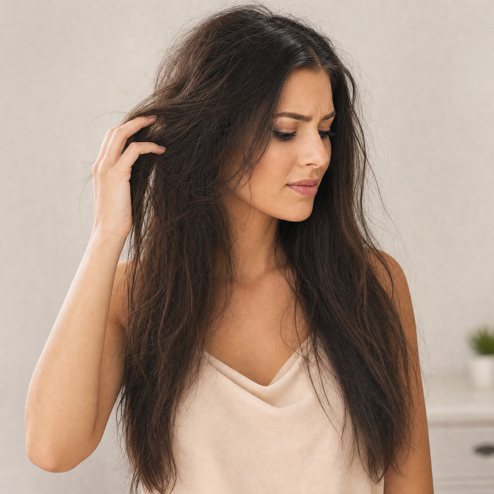Antes: cabello encrespado y sin brillo, sin usar AirStyler