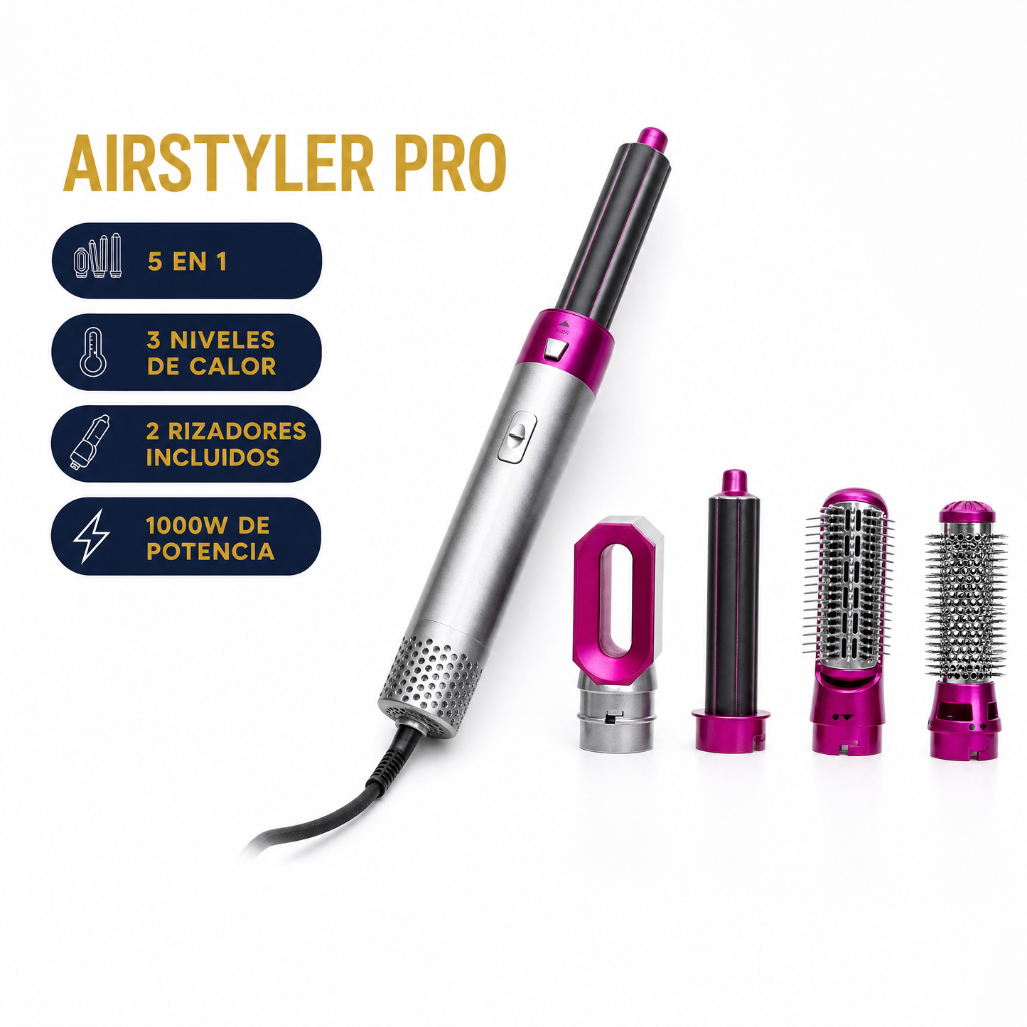 AirStyler PRO cepillo moldeador 5 en 1 con badges de caracteristicas