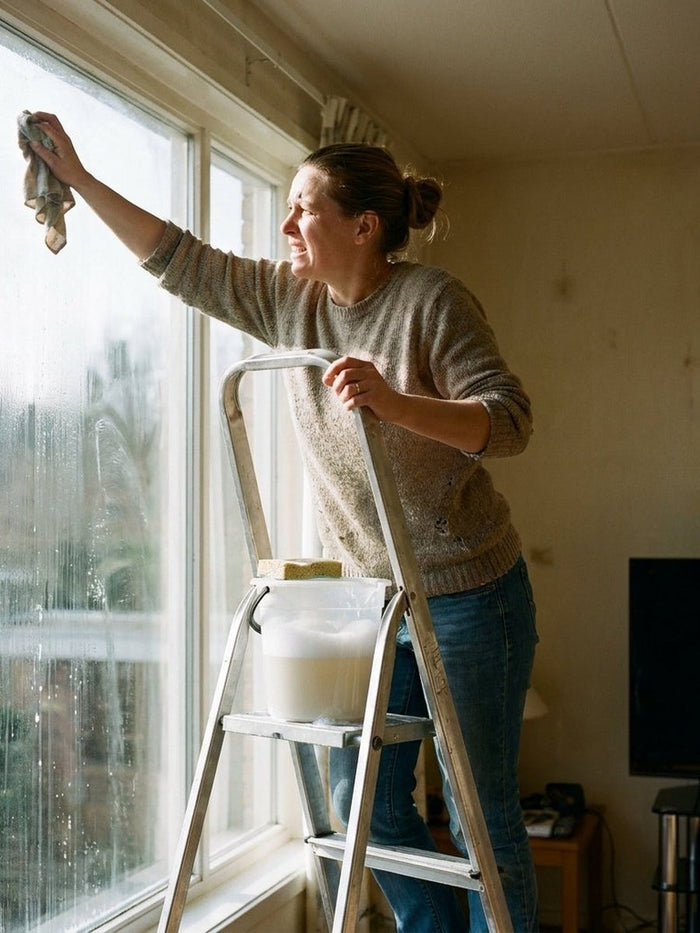 Fenster putzen auf der Leiter